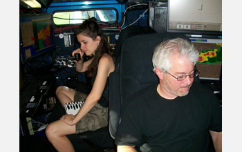Photo of scientists Karen Kosiba and Josh Wurman tracking severe storms in the DOW truck.