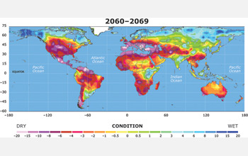 Map of Earth showing drought in the year 2069.