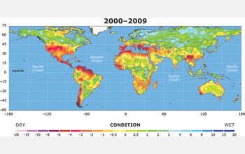 Map of Earth showing worldwide drought in 2009.