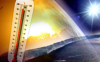 graphic illustration showing a termometer, the sun, ocean and ice