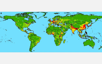 Map showing regions where people have increasing contact with wildlife.