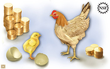chick and chicken with large and small stack of coins.