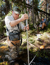 Photo of University of Wyoming Associate Professor Scott Miller measuring streamflow in a creek.