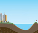 Illustration of city with skyscrapers separated from a lighthouse by sea.