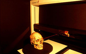 Photo of human cranium being scanned in the High Resolution X-ray Computed Tomography Facility