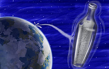 Illustration shows message in a bottle, Earth in background.