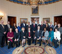 Photo of President Obama posing with mentoring winners in science, math and engineering.