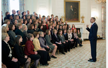 Photo of President Obama talking with math and science teachers honored on Jan. 6, 2010.
