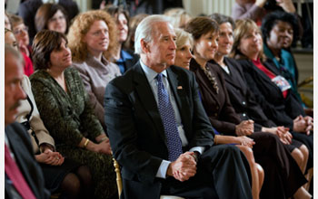Photo of Vice President Joe Biden, Jill Biden, and teachers listening to President's remarks.