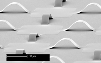 Close-up of the silicon photodetector pixels and electronics interconnected by arc-shaped ribbons.