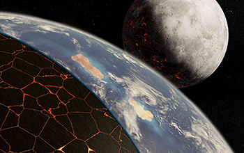 An illustration of Earth and the tectonic plates below its surface with the moon in background