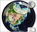 globe map showing Pliocene Tibetan fox localities, Ice Age arctic fox  and today's arctic fox.