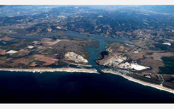 An aerial photograph of the Elkhorn Slough on the coast of Monterey Bay, Calif.