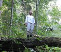Researcher standing in the tropical forest at the Huai Kha Khaeng Wildlife Sanctuary in Thailand.