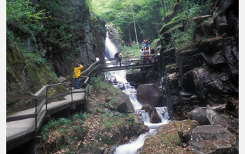 Tourists enjoy the forest at Flume Gorge, Franconia Notch State Park, N.H.