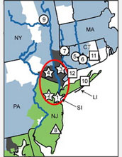 Map showing the present and former range of the new frog species in New York and New Jersey.