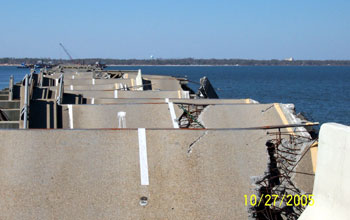 Massive damage to a bridge in the Biloxi, Miss, by Hurricane Katrina.