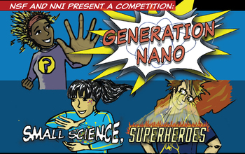 comic showing various characters and the text genration nano small science superheroes