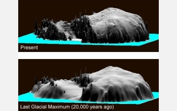 Representations of present (top) and past (bottom) elevation of the Antarctic ice sheet