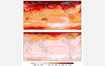 Simulations show air temperatures if (top) emissions continue, or (bottom) if cut by 70 percent.