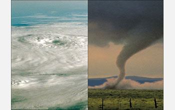 Images of hurricane on the left and a tornado on the right.