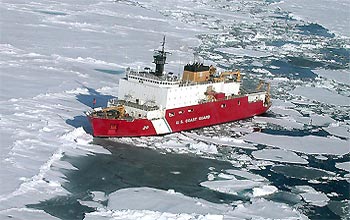 Photo of U.S. Coast Guard icebreaker, the Healy, in Arctic ice.