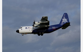 NCAR's C-130 Hercules airplane is shown on final approach to airport in France