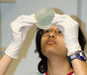 Photo of student in lab with agar media plate