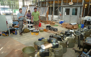 Photo of researchers preparing instruments that gathered data on Hurricane Irene.
