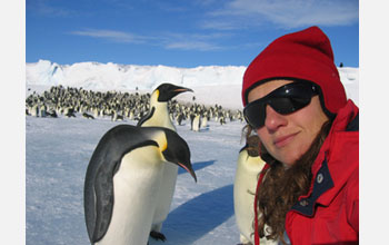 Photo of Jessica Meir at the Cape Crozier emperor penguin colony.