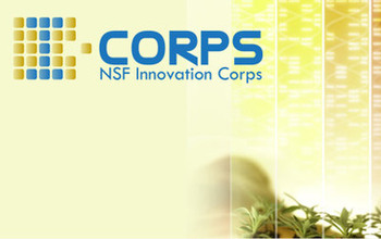I-Corps logo and image of a scientist woman looking at a plant