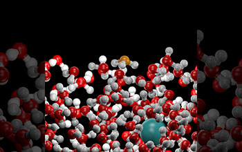 Image from molecular dynamics computer simulation of the water-air interface of acidic solutions