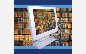 A graphic showing a library of leather-bound books through a computer monitor