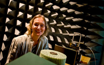Photo of Elena Semouchkina testing a microwave dielectric cloak in an anechoic chamber.