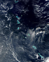 Satellite photo of the islands of Kiribati seen from space.