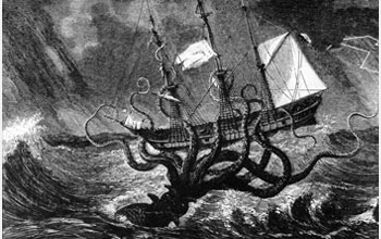Illustration of an  enormous mythical sea monster wrapping its arms around a ship.