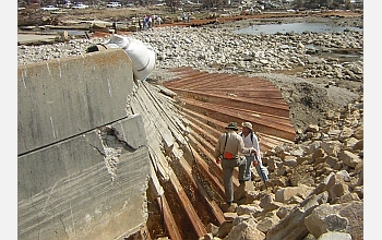 Geotechnical engineers inspect a portion of the floodwall along the Industrial Canal.