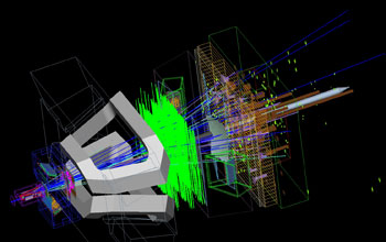 Simulation of a particle collision in the LHCb detector.