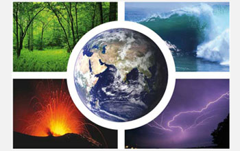 Photos of earth, forest, sea ice, volcano and lightning.