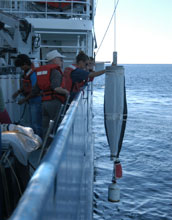 scientists at the California Current Ecosystem LTER site launching a monitoring instrument.