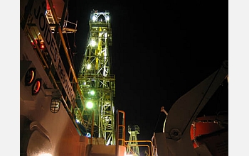 The derrick of the JOIDES Resolution, the scientific drilling ship used to recover the ocean crust.