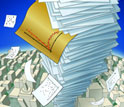 Illustration of a stack of paper rising above the city skyline.