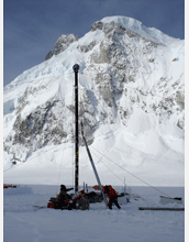 Drillers prepare to lower a 3" thermal core barrel into the glacier