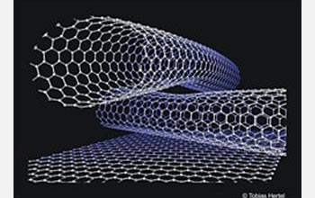 ball and stick model of two crossing carbon nanotubes on a graphite surface.