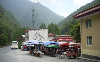 Photo of souvenir shops in Wolong Nature Reserve, May 2008.