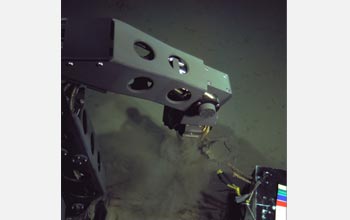 Photo of the hybrid remotely operated vehicle Nereus collecting sediment from the Mariana Trench.