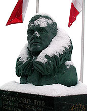 A bust of Admiral Richard E. Byrd sits covered with a dusting of snow from an early February storm