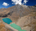 Photo of lakes impounded behind an inner glacial moraine in a valley in Peru.