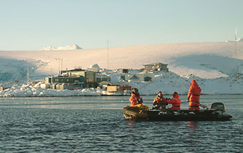 Photo of researchers training in an inflatable boat at NSF's Palmer Station.