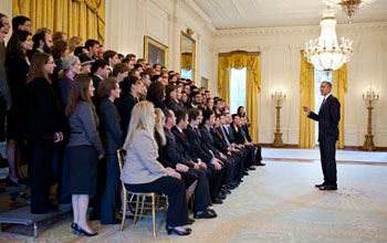 Photo of President Obama greeting the 2010 PECASE reipients in the East Room of the White House.